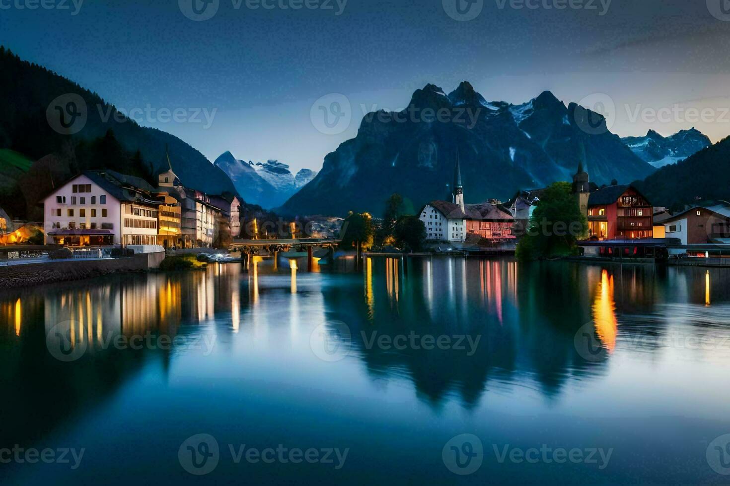 el pueblo de Altenburg en el Alpes a oscuridad. generado por ai foto