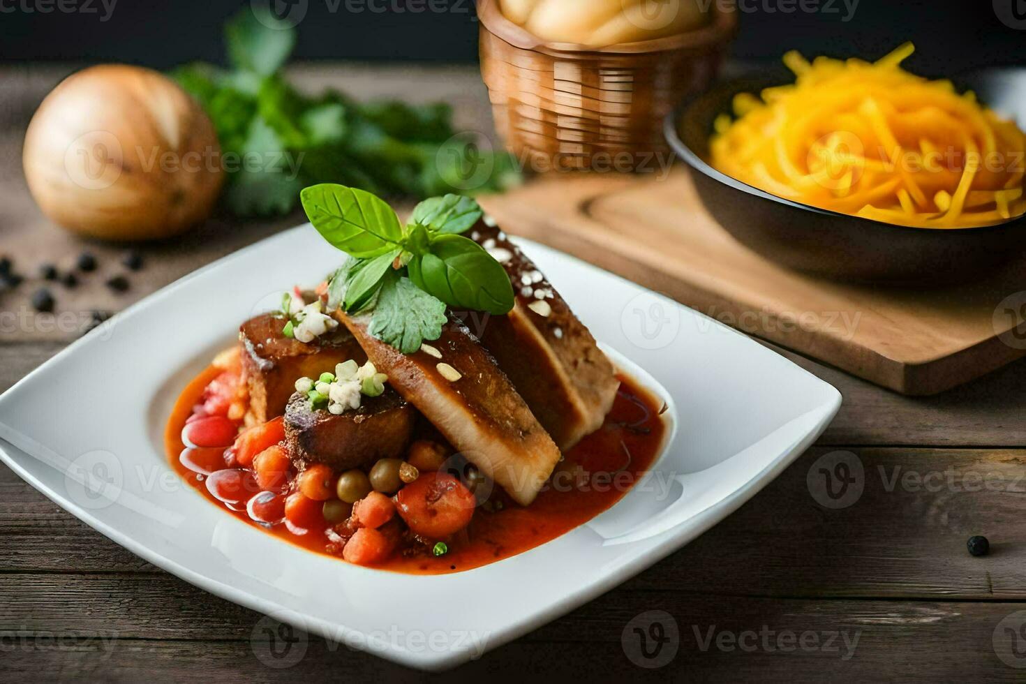 the food is served on a plate with a knife and fork. AI-Generated photo