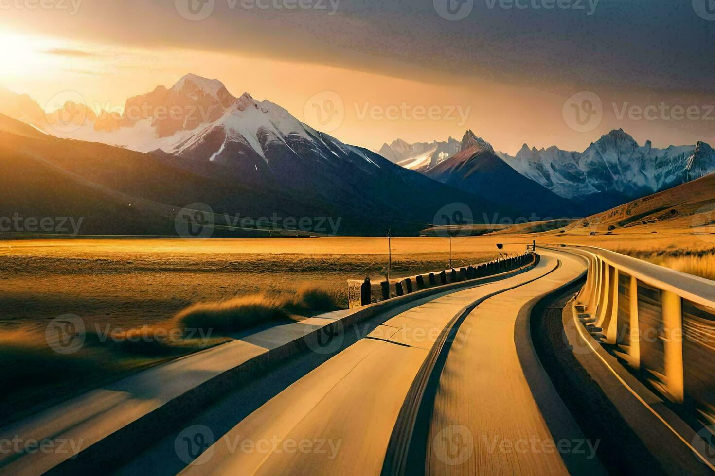 a road with mountains in the background. AI-Generated photo