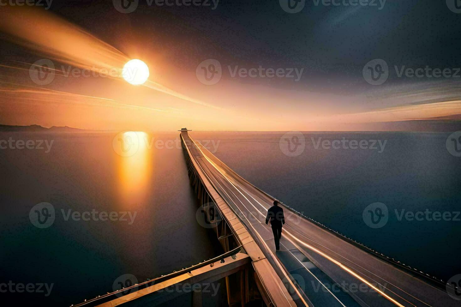 a man walks across a bridge at sunset. AI-Generated photo