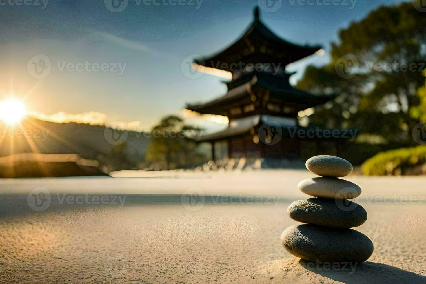 a stack of stones in front of a pagoda. AI-Generated photo