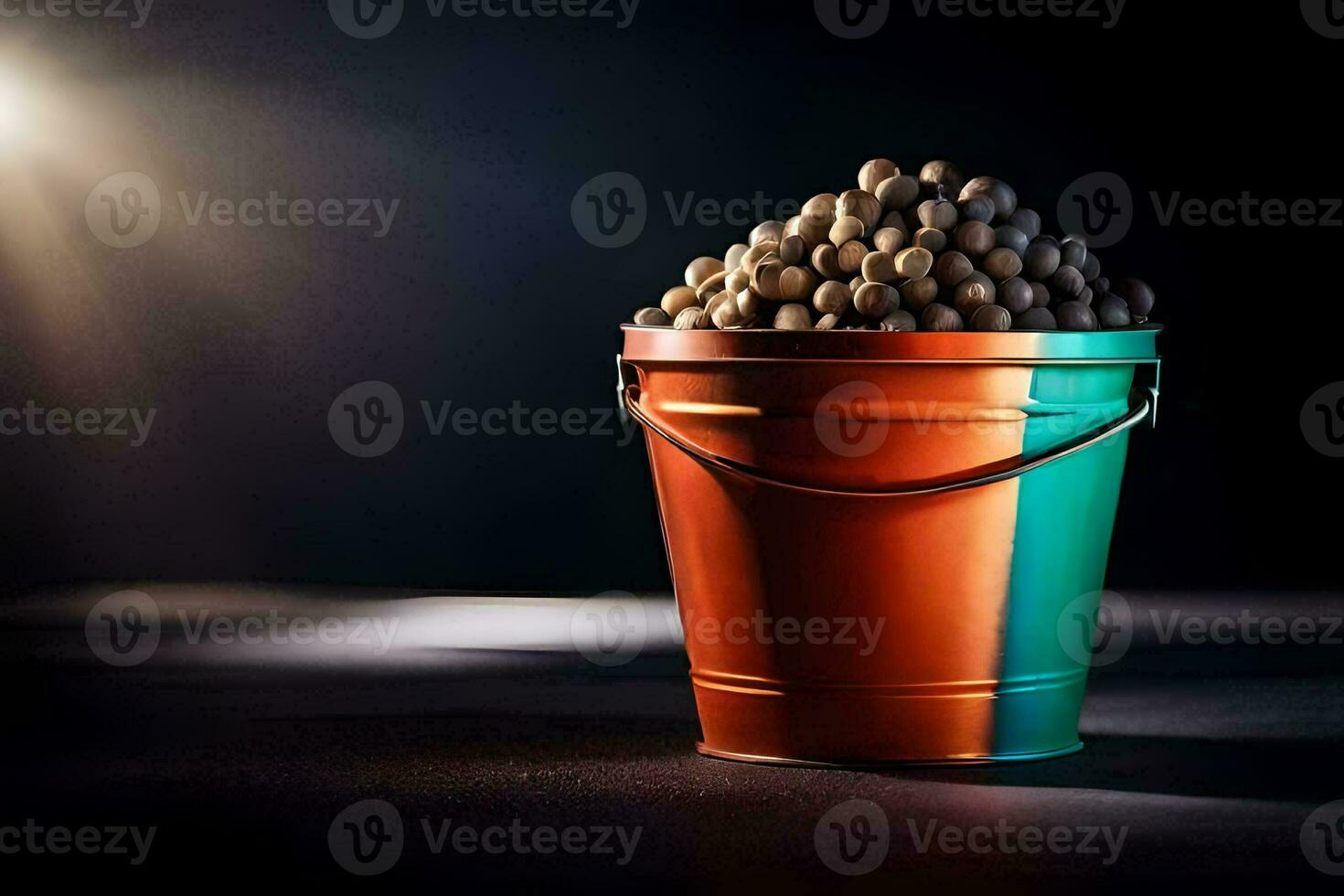 a bucket filled with nuts on a dark background. AI-Generated photo