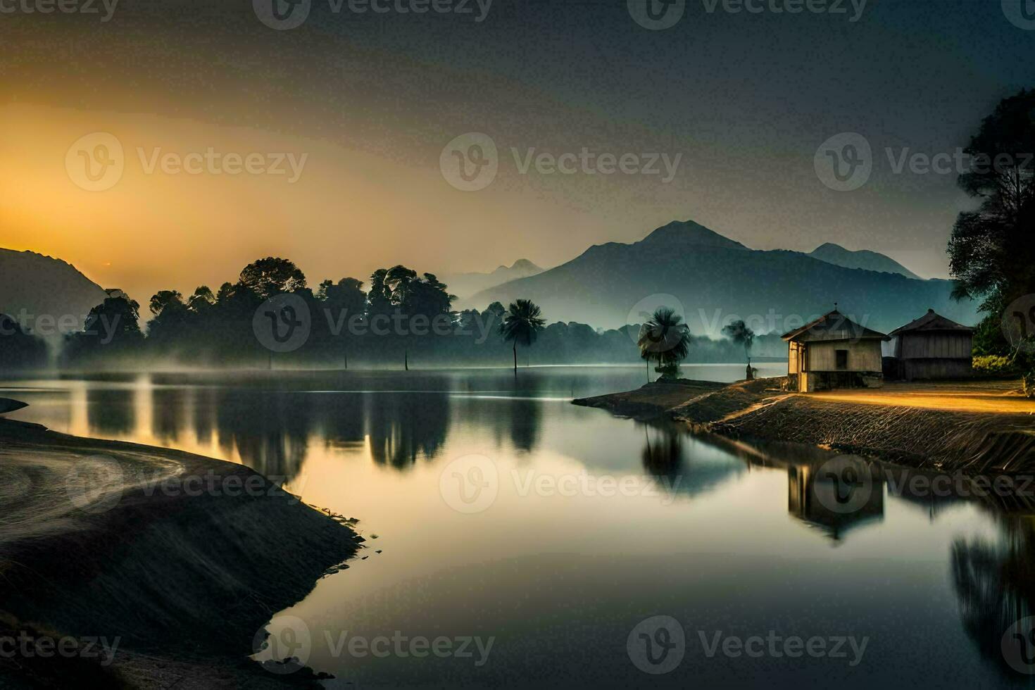 photo wallpaper the sky, mountains, water, the lake, the house, the house, the. AI-Generated