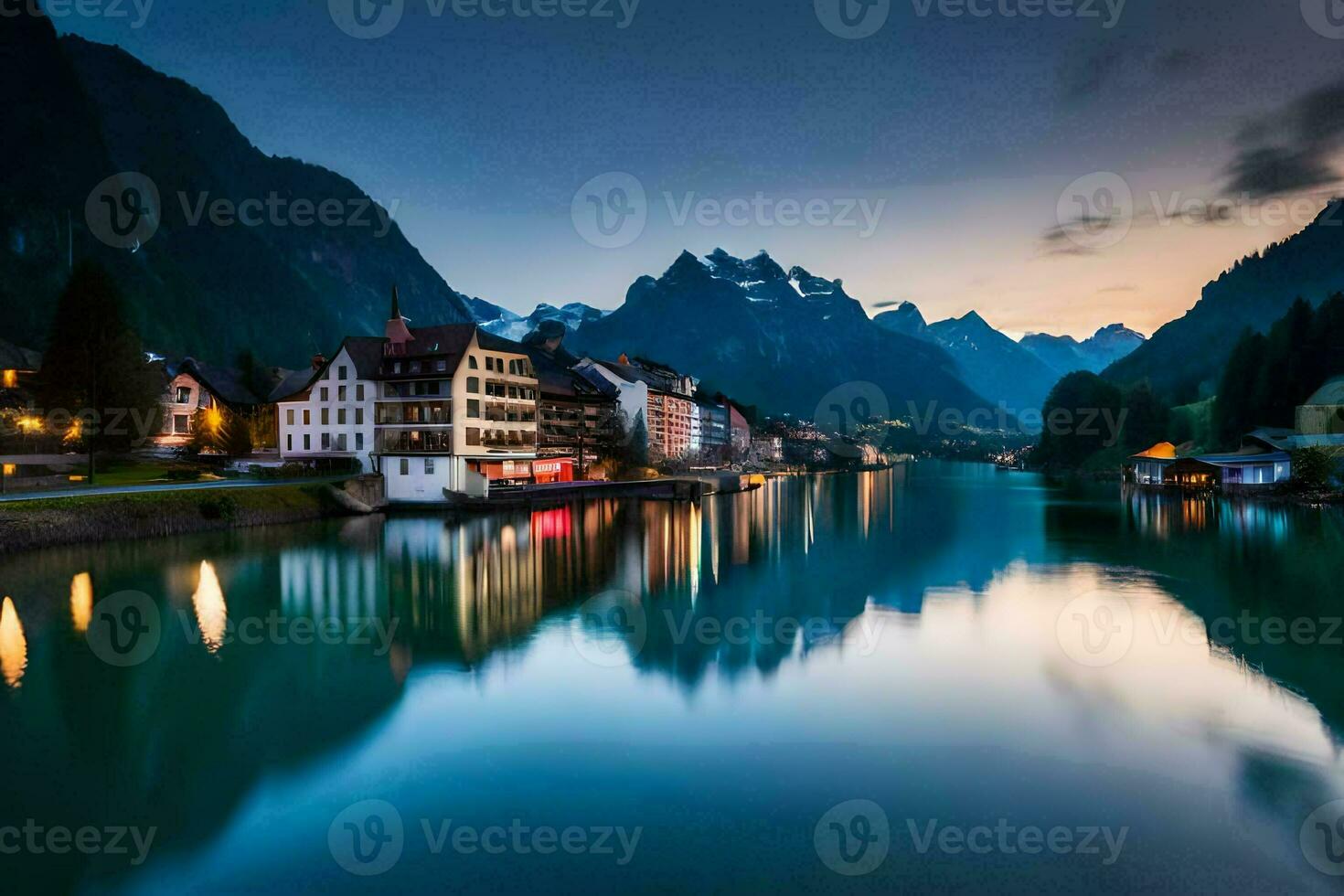 the town of hallstatt, switzerland, at dusk. AI-Generated photo