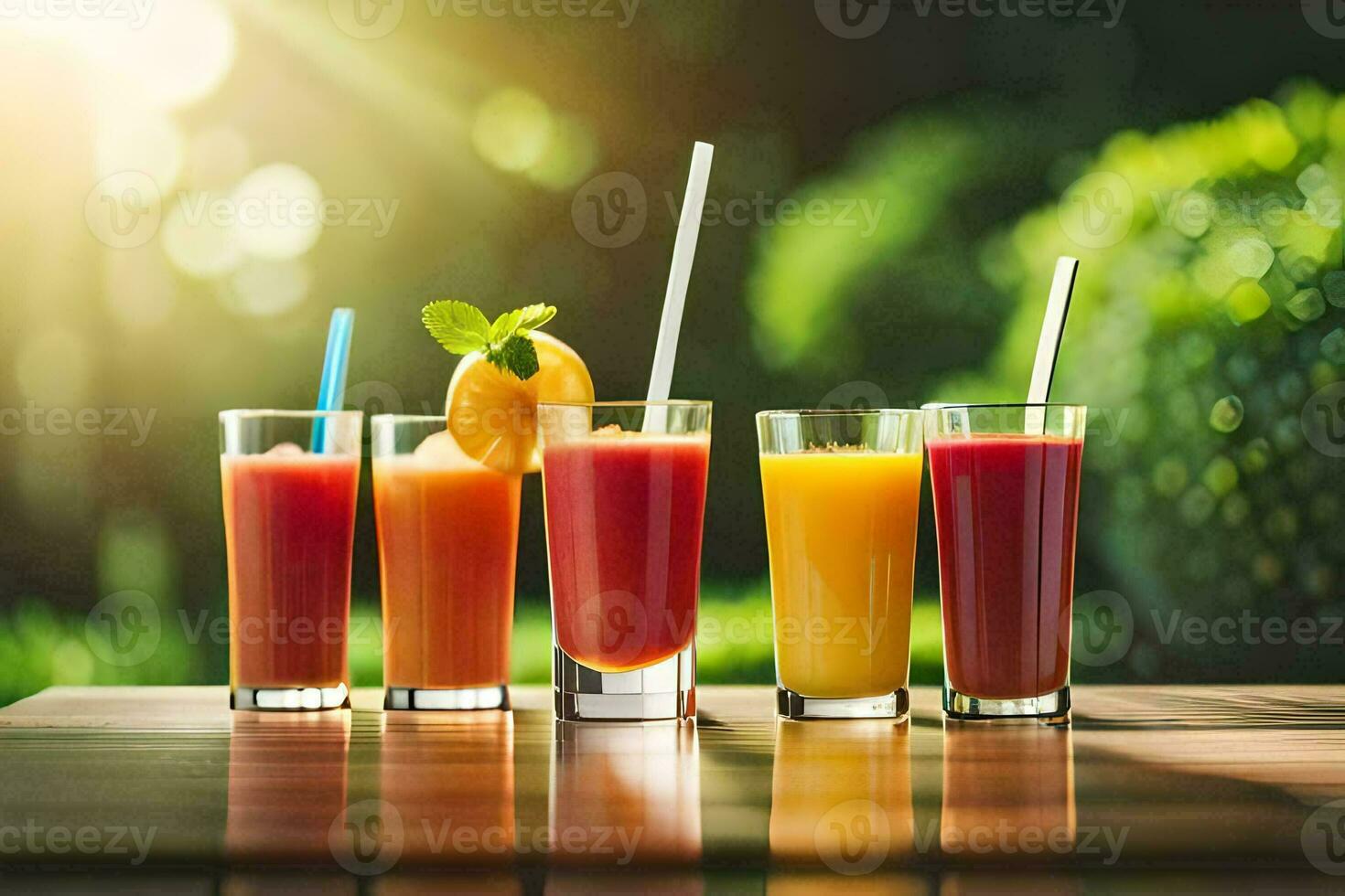 five glasses of juice on a table. AI-Generated photo