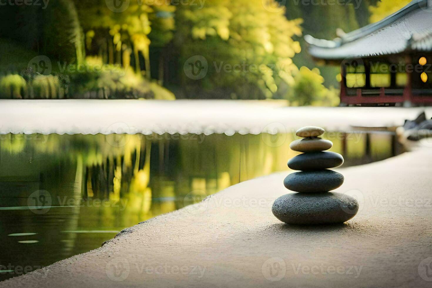 a stack of stones sitting on the shore of a lake. AI-Generated photo