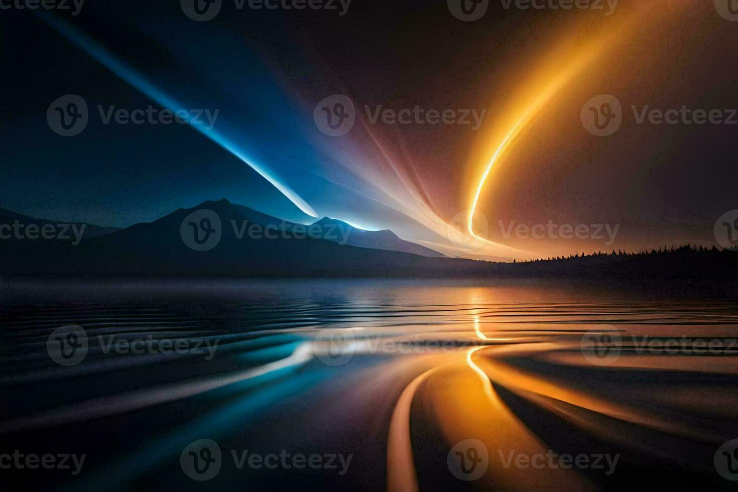 a beautiful sunset over a lake with a mountain in the background. AI-Generated photo