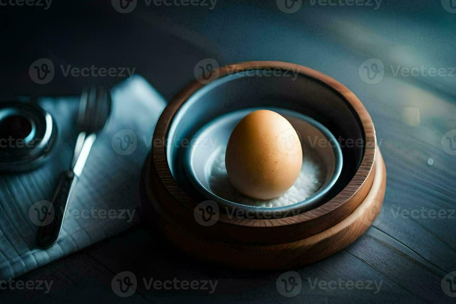 an egg in a bowl on a table. AI-Generated photo