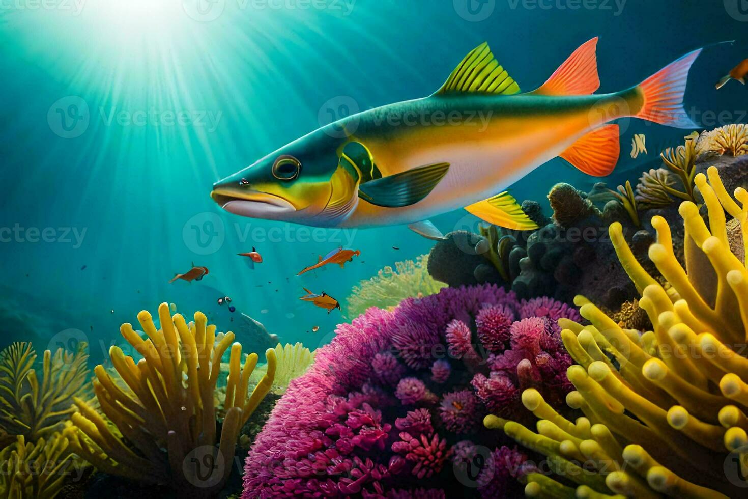 fish swimming in the ocean with colorful coral. AI-Generated photo