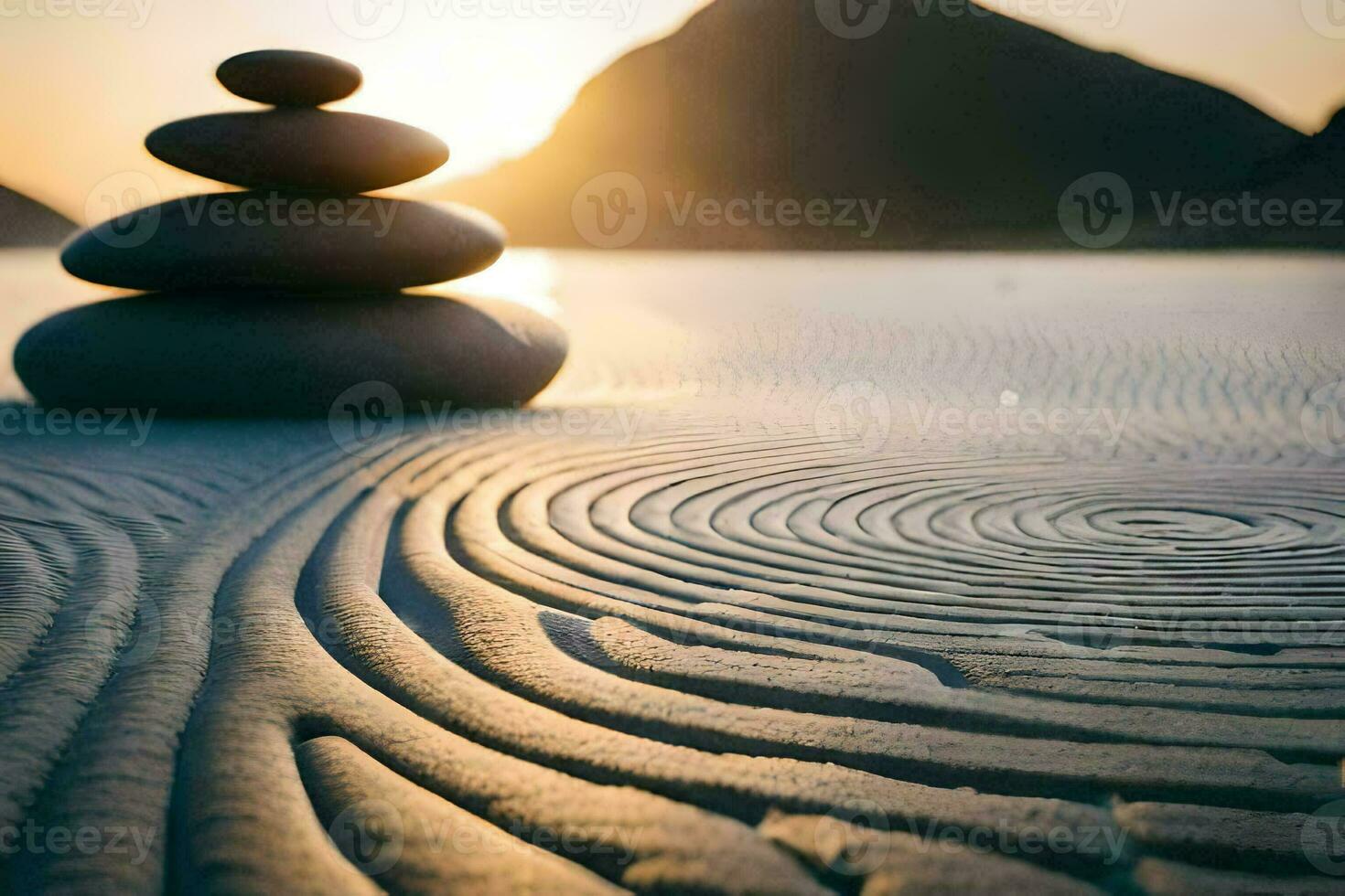 a stack of stones in the sand at sunset. AI-Generated photo