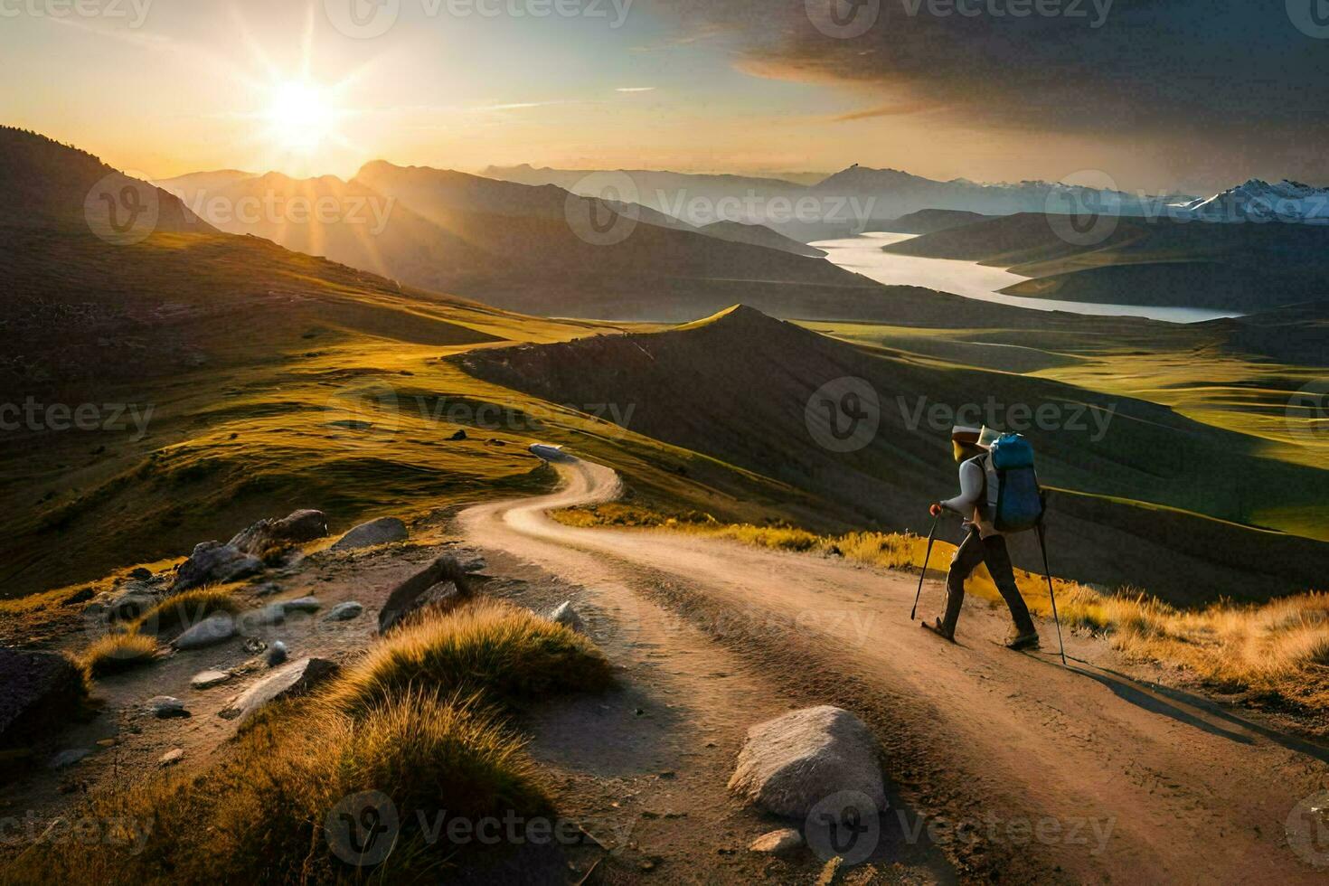 un hombre con un mochila camina en un suciedad la carretera en el montañas. generado por ai foto