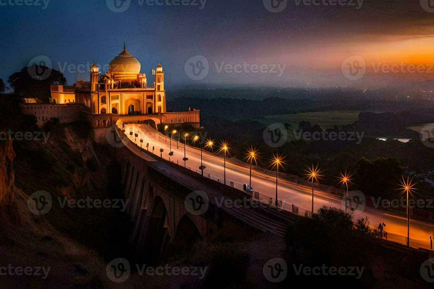 the sunset over the mosque in lahore. AI-Generated photo