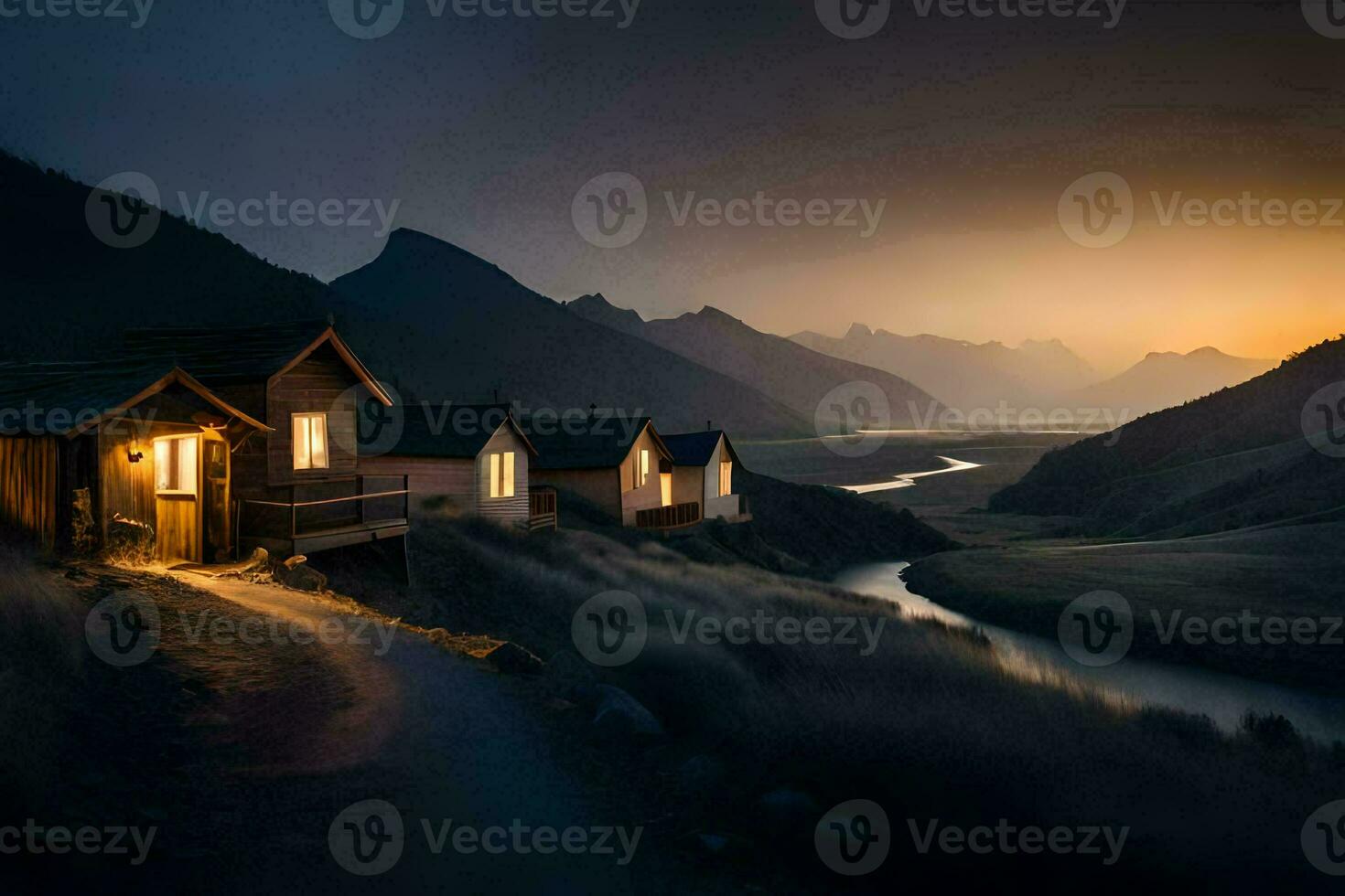 a small cabin in the mountains at sunset. AI-Generated photo