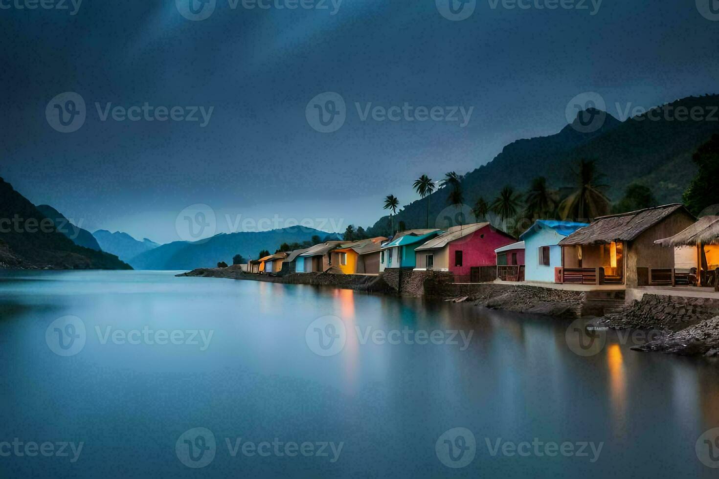 houses on the shore of a lake at night. AI-Generated photo