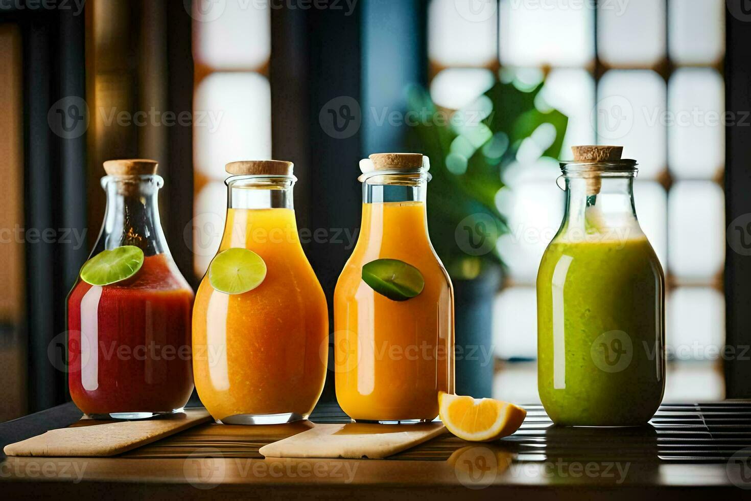 five different types of juices in glass bottles. AIGenerated 33621623