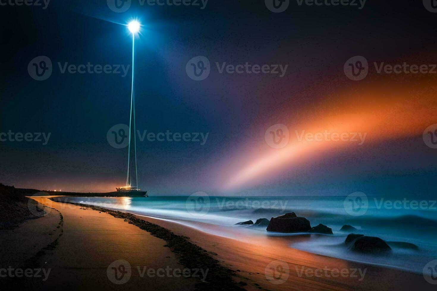 a lighthouse on the beach at night. AI-Generated photo