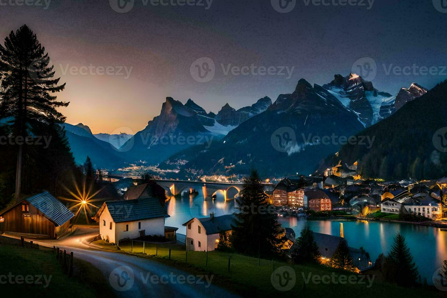 a beautiful sunset over a mountain town and lake. AI-Generated photo