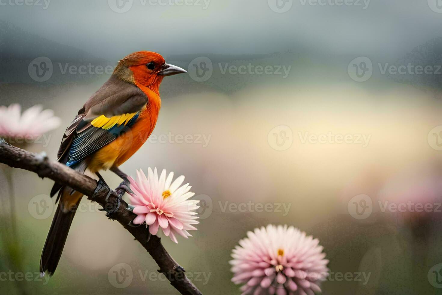 a colorful bird sits on a branch with pink flowers. AI-Generated photo