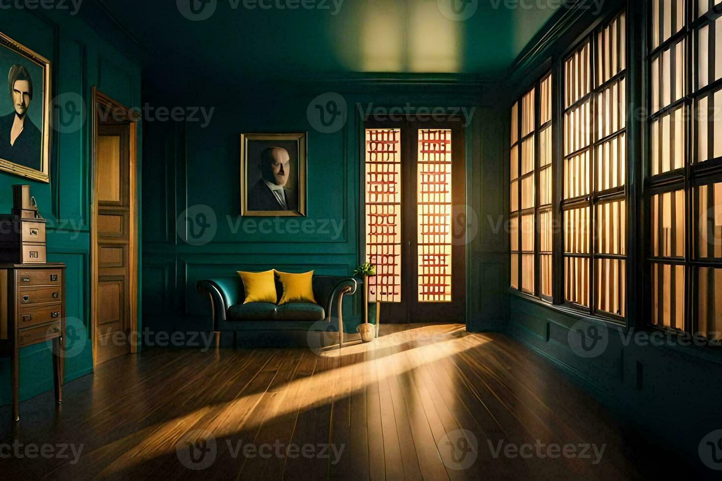 a room with blue walls and wooden floors. AI-Generated photo