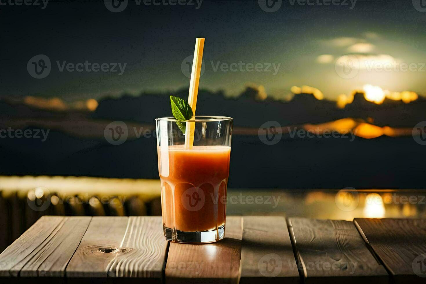 a glass of juice with a straw on a wooden table. AI-Generated photo