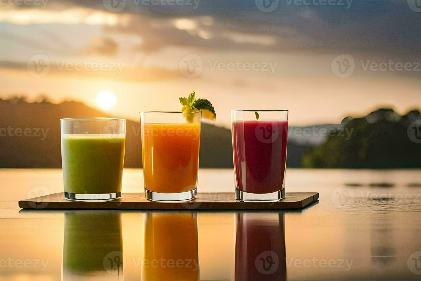 Tres diferente jugos en un bandeja con el Dom ajuste detrás a ellos. generado por ai foto