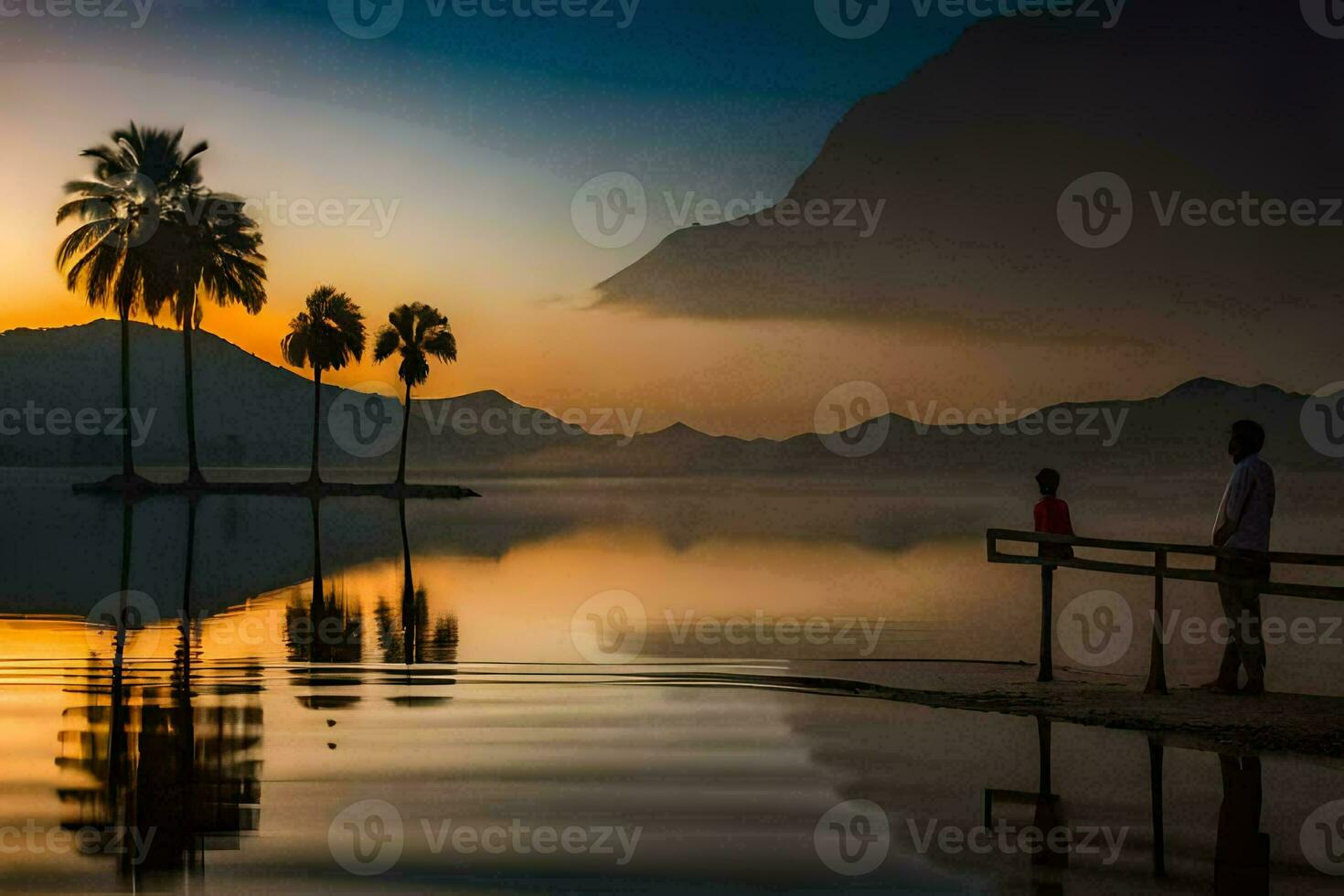 a man and a child stand on a dock at sunset. AI-Generated photo