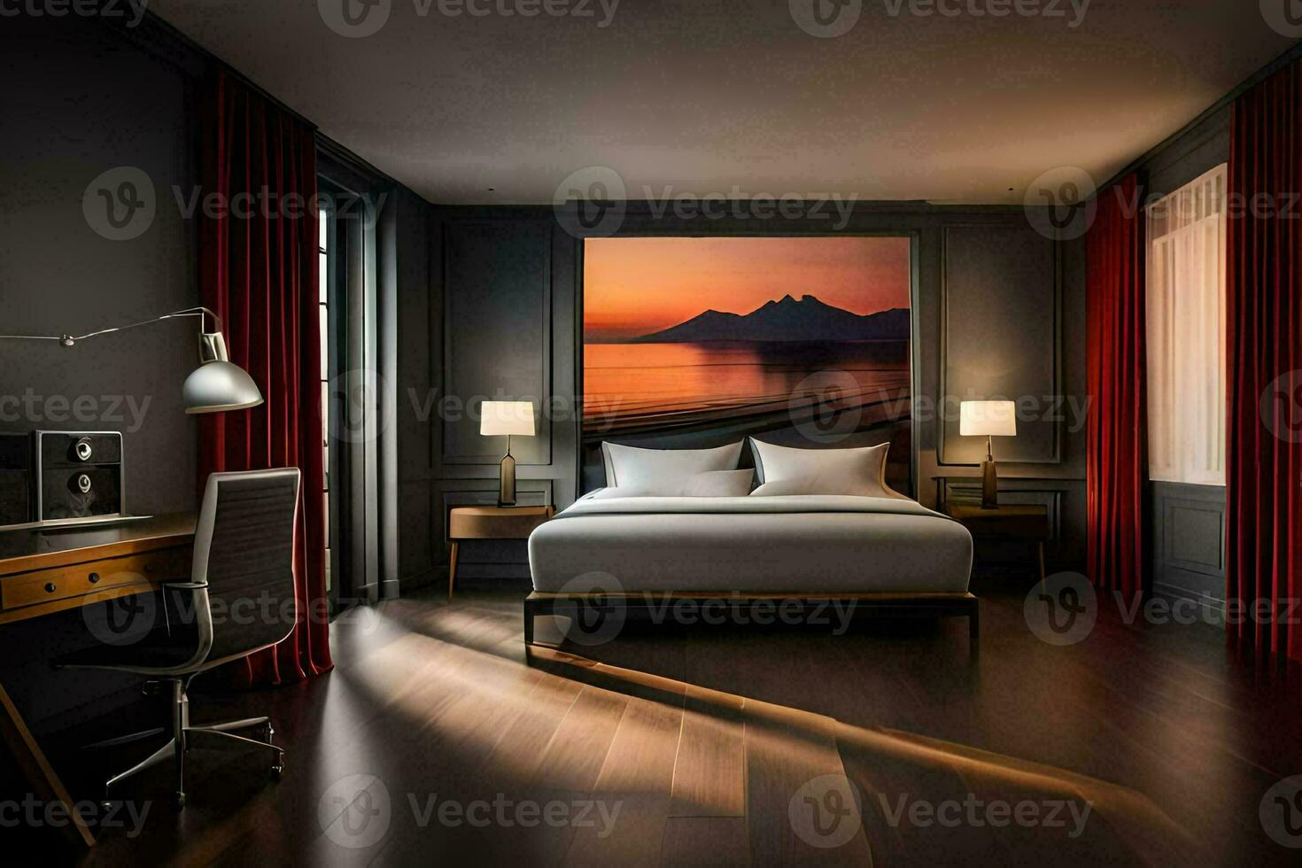 a bedroom with a large bed and a painting on the wall. AI-Generated photo