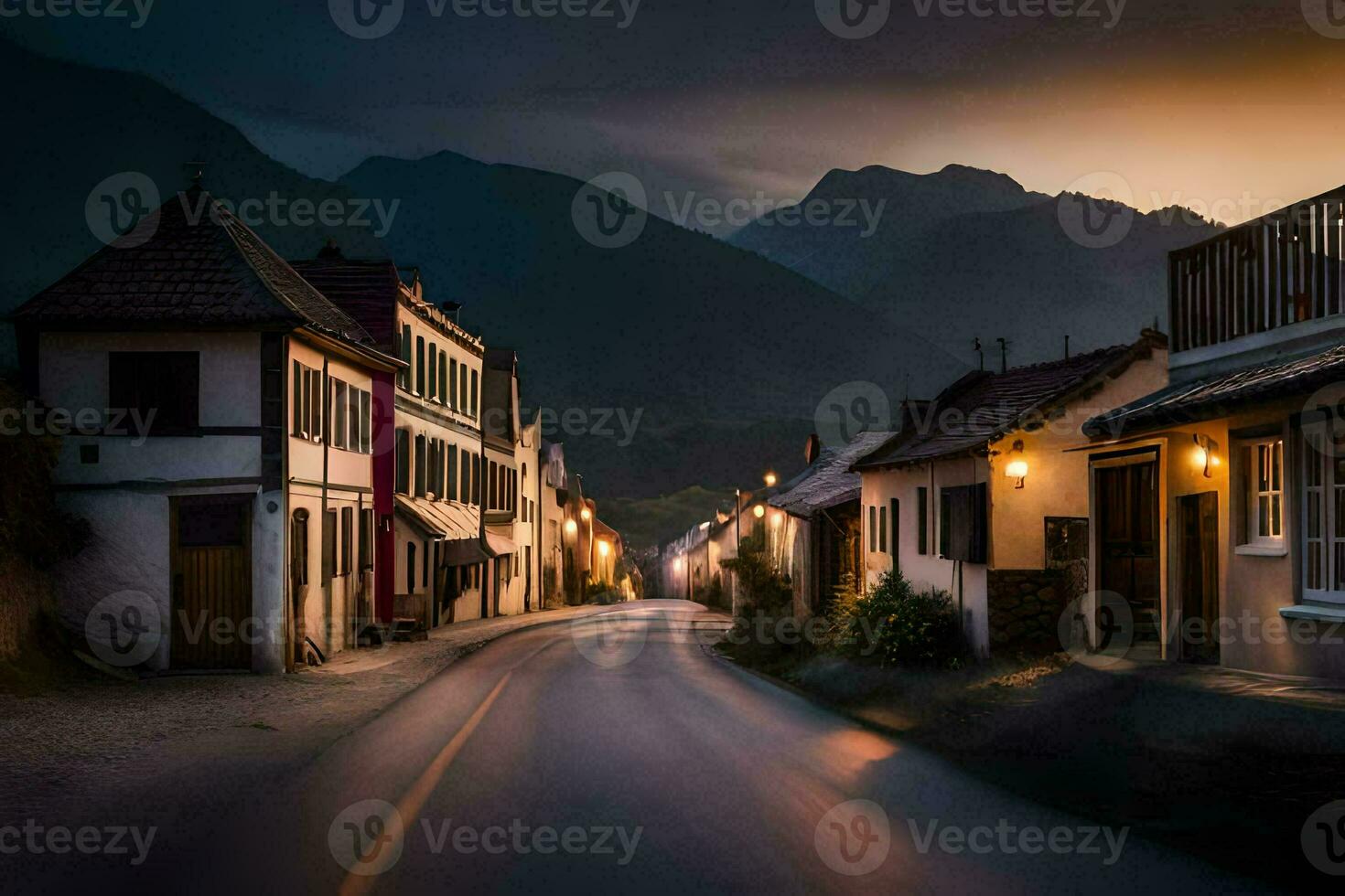 photo wallpaper the sky, mountains, road, houses, the dark, the light, the road. AI-Generated