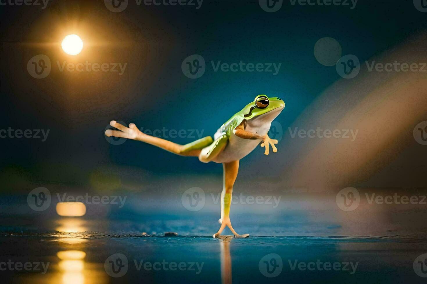 a frog is standing on its hind legs in the rain. AI-Generated photo