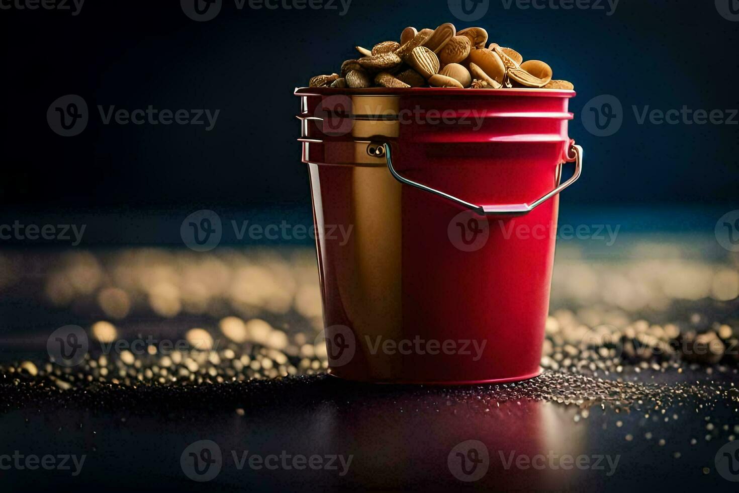 a red bucket filled with peanuts on a dark background. AI-Generated photo