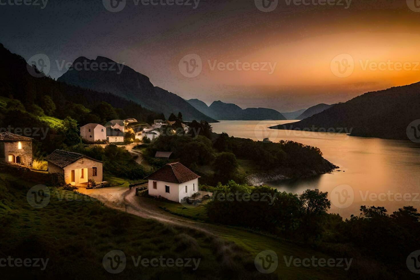 photo wallpaper the sky, mountains, water, sunset, the sea, houses, the village,. AI-Generated