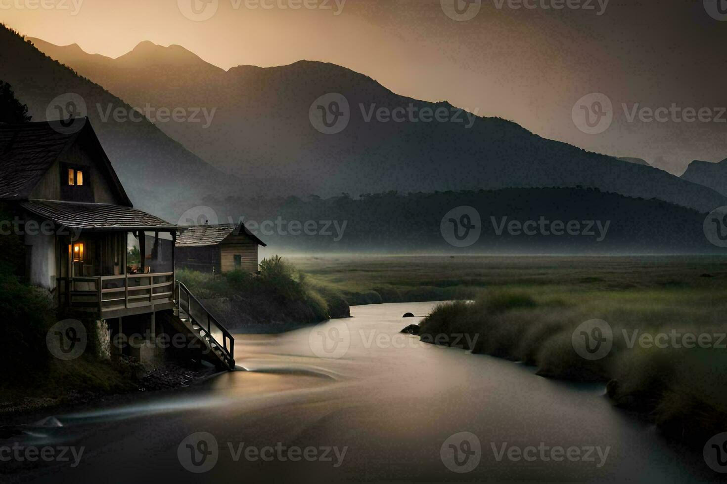 a house sits on the edge of a river in the mountains. AI-Generated photo
