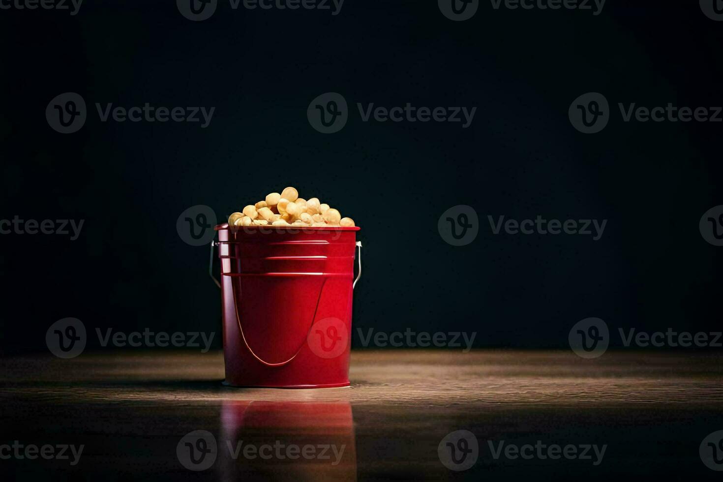 a bucket of popcorn on a dark table. AI-Generated photo