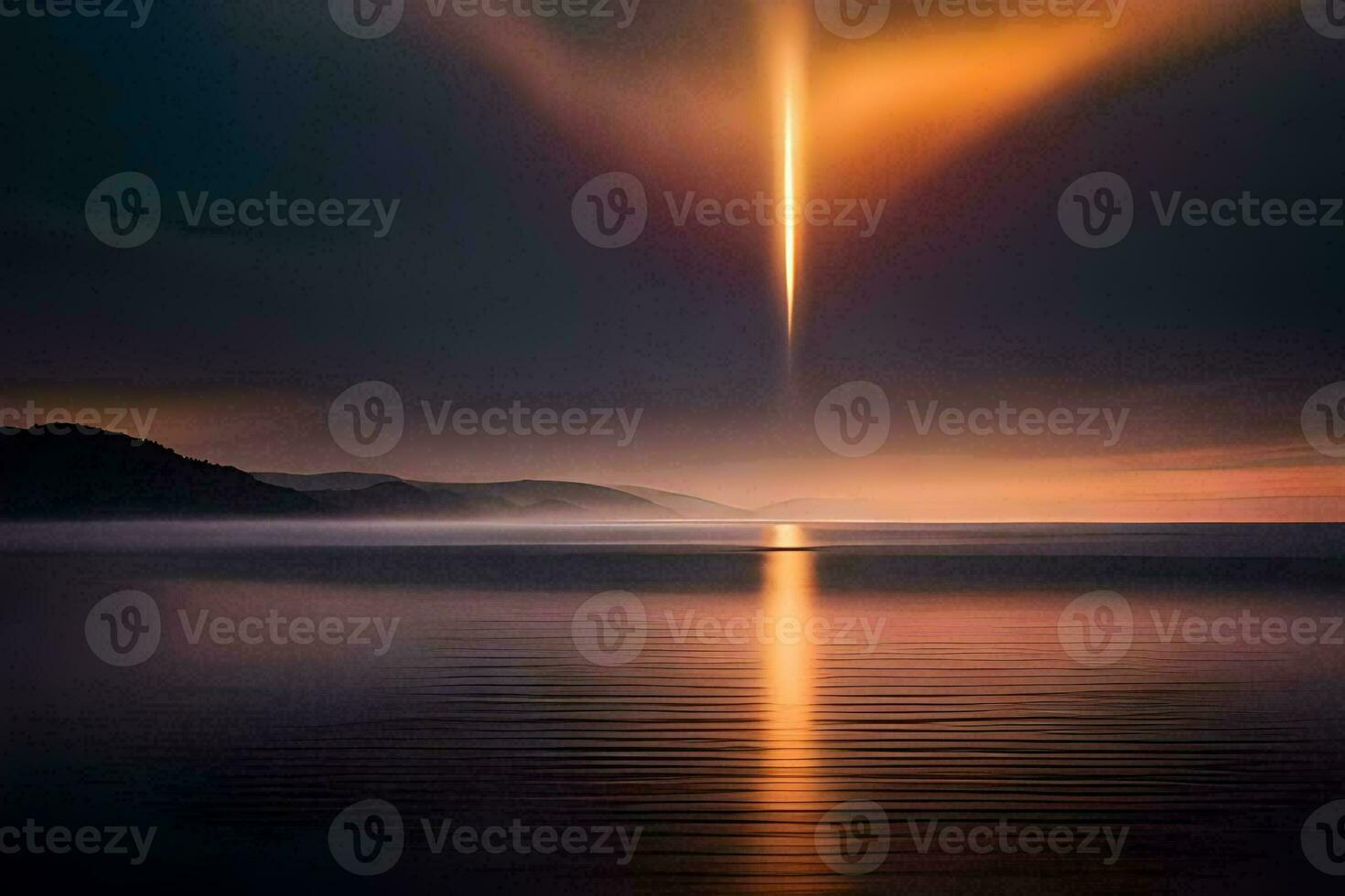 a long line of light is reflected in the water. AI-Generated photo