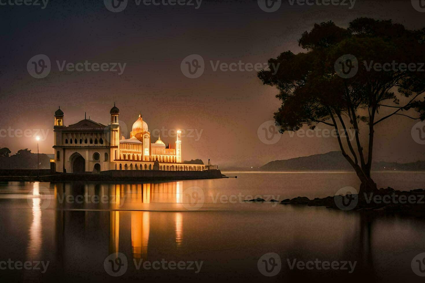 the mosque is lit up at night. AI-Generated photo