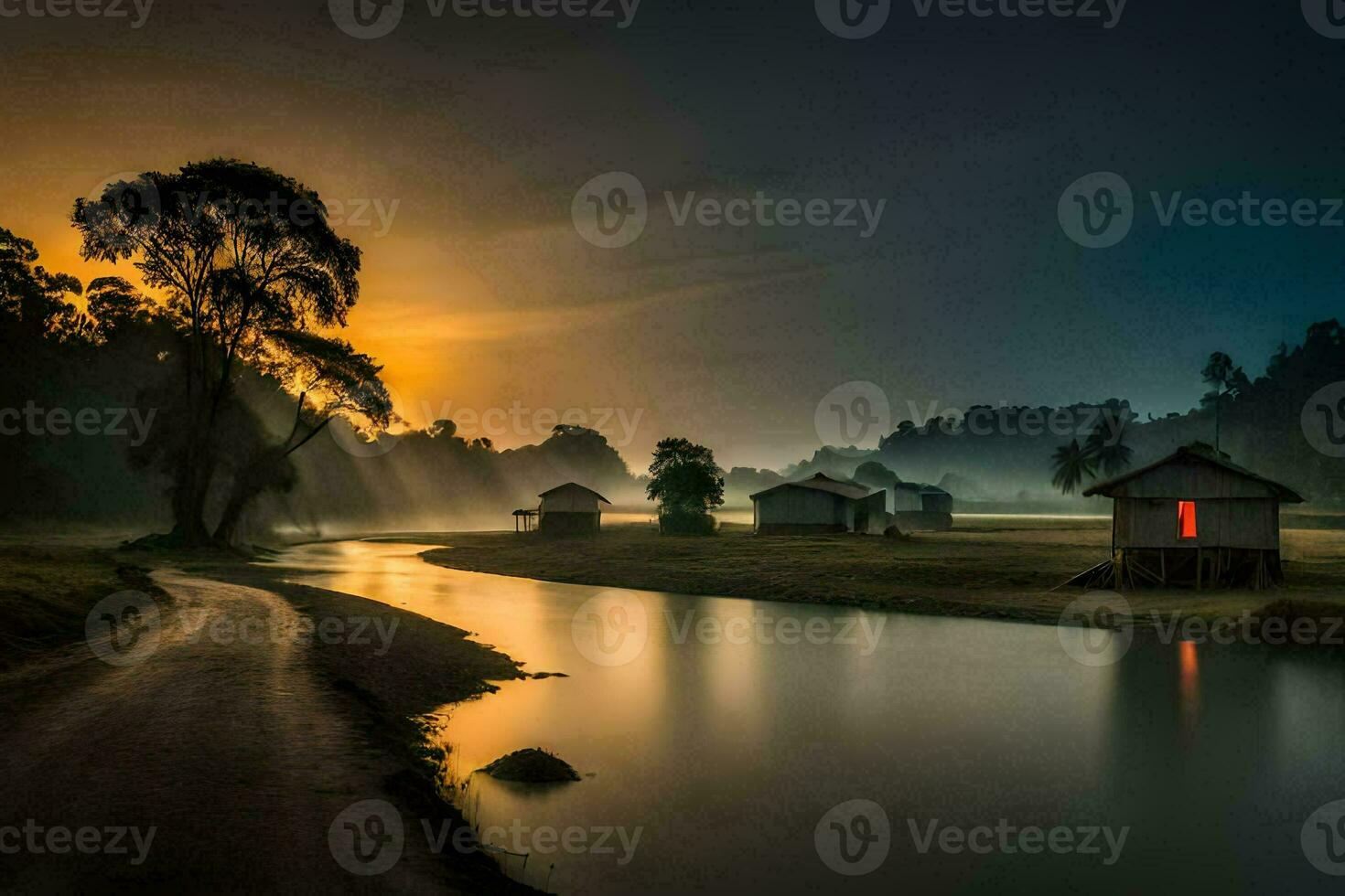 a river runs through a small village at sunset. AI-Generated photo