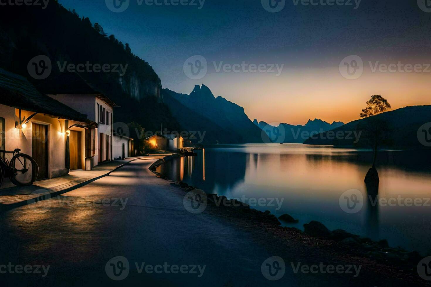 photo wallpaper the sky, mountains, lake, house, road, the city, the lake,. AI-Generated