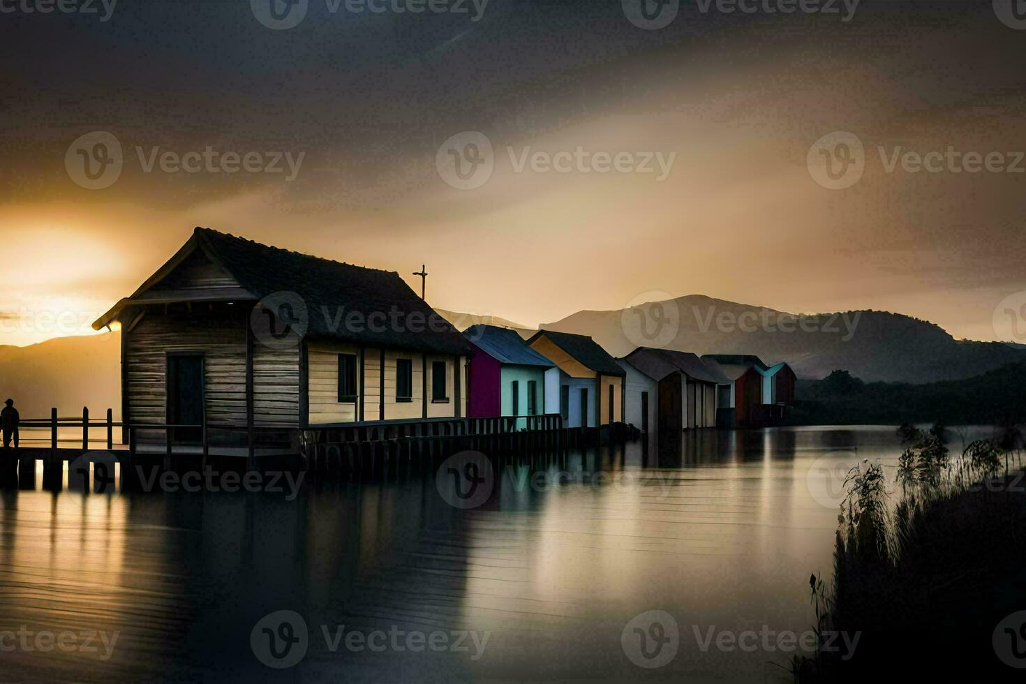 a row of wooden houses on the water at sunset. AI-Generated photo