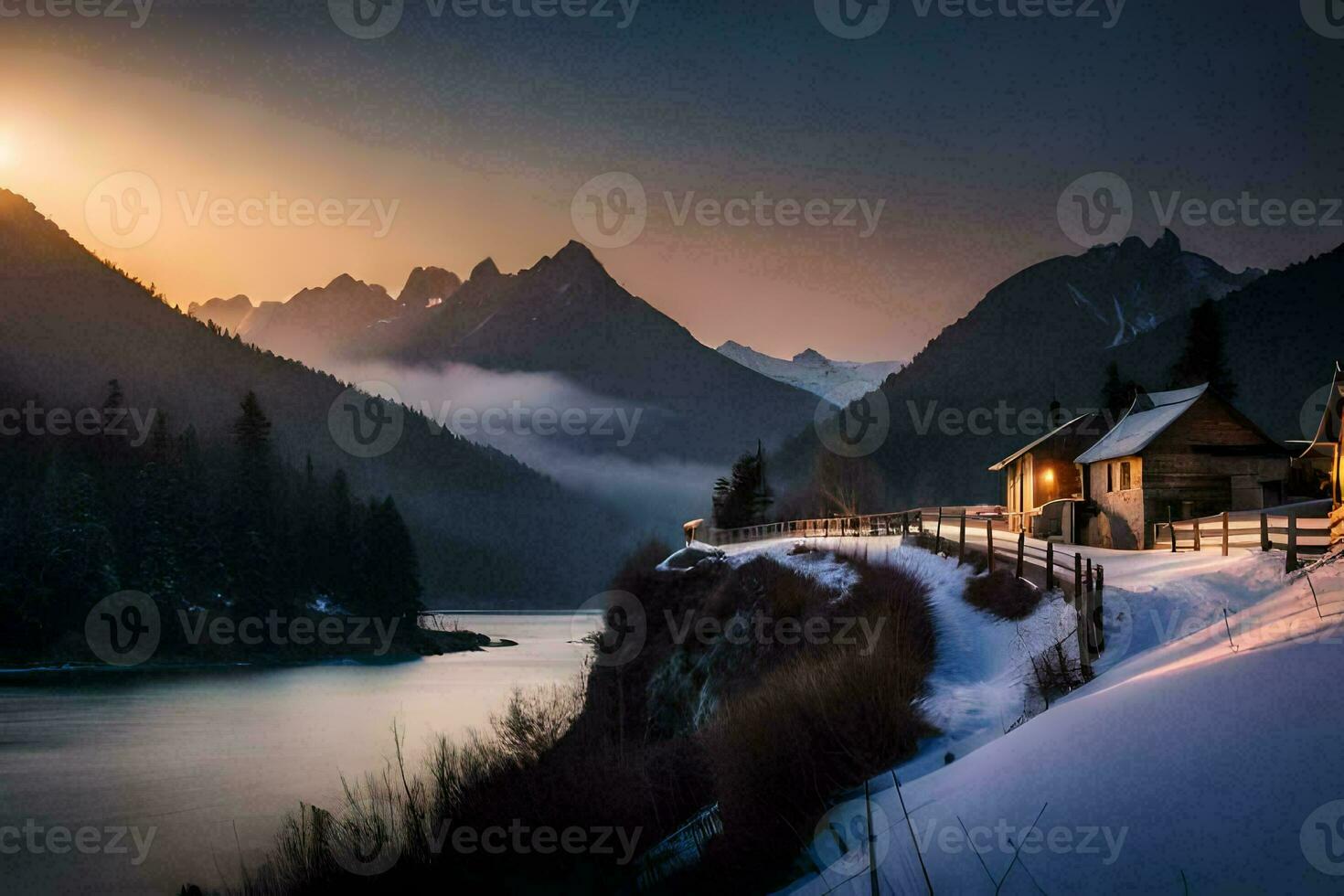 photo wallpaper the sky, mountains, lake, house, the sun, winter, the mountains,. AI-Generated