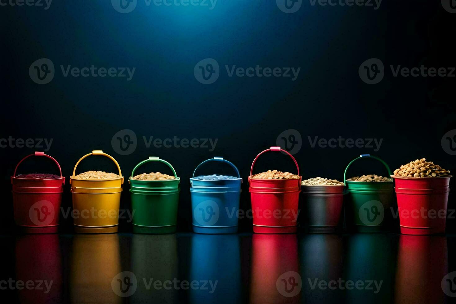 buckets of different colored grains on a dark background. AI-Generated photo