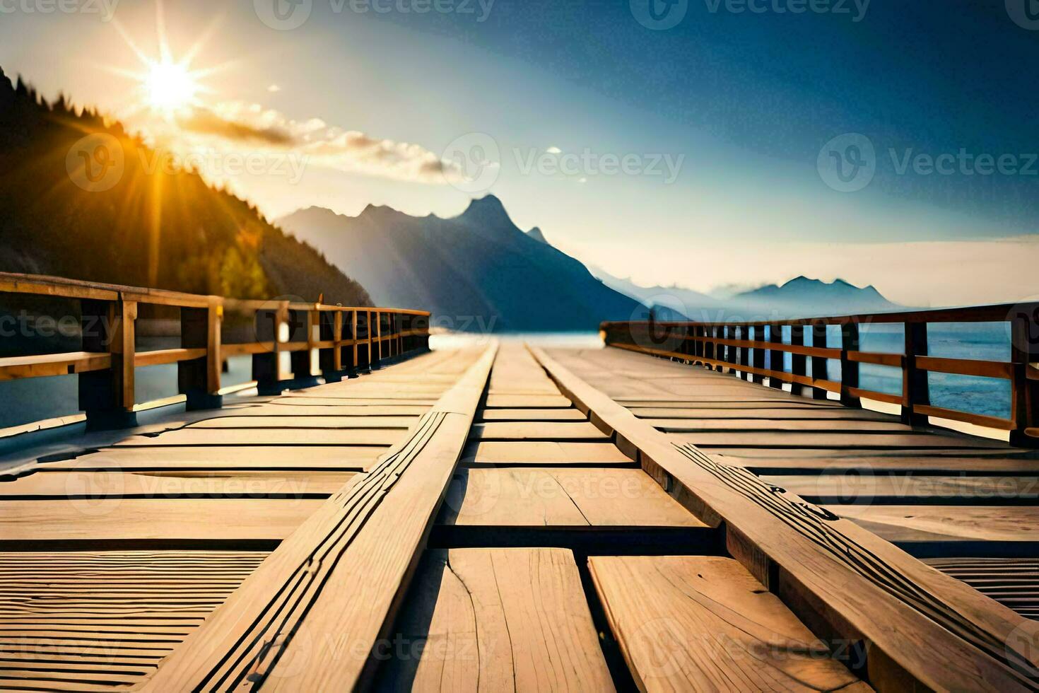 a wooden bridge over a lake with mountains in the background. AI-Generated photo