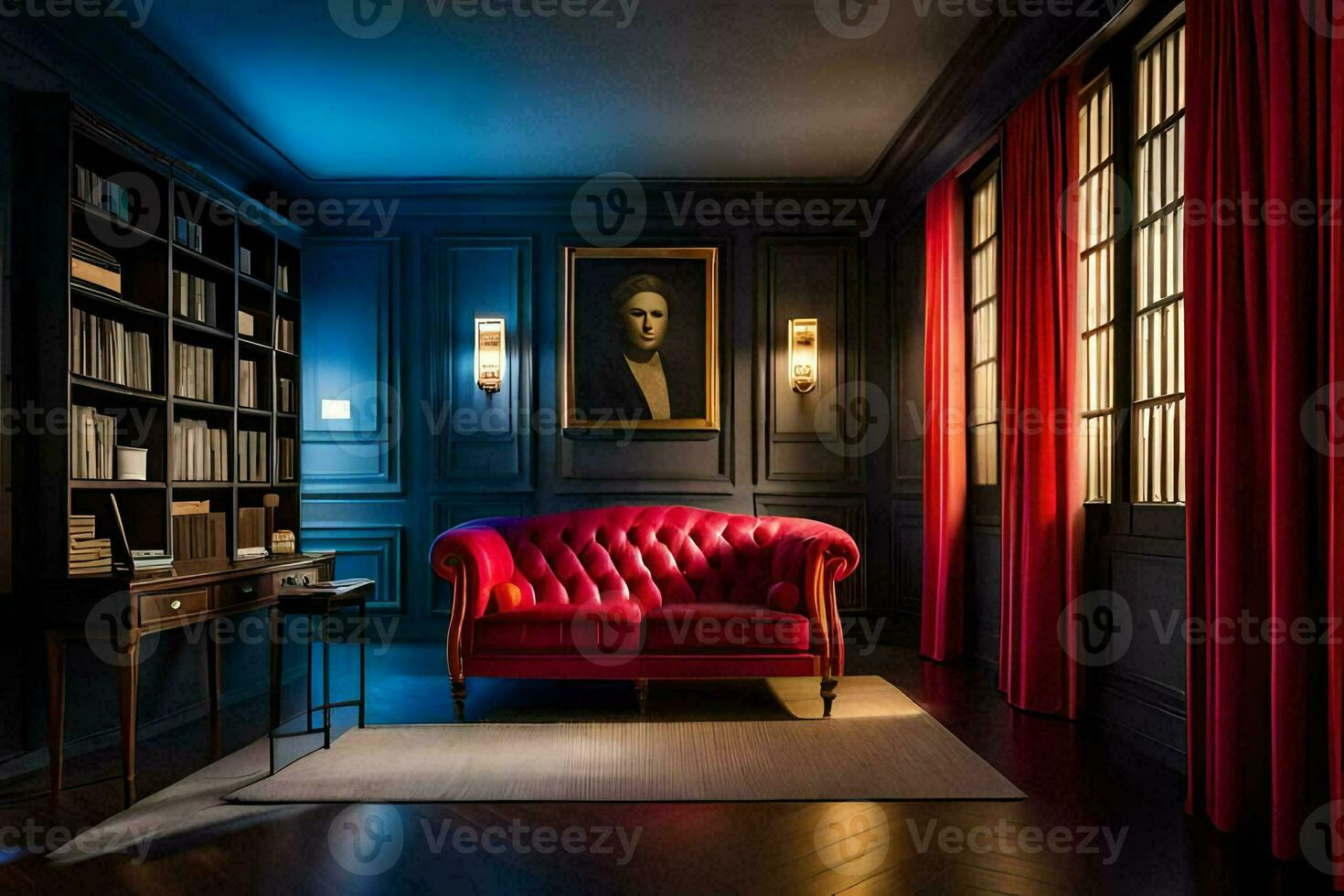 a red couch in a room with black walls and a painting on the wall. AI-Generated photo