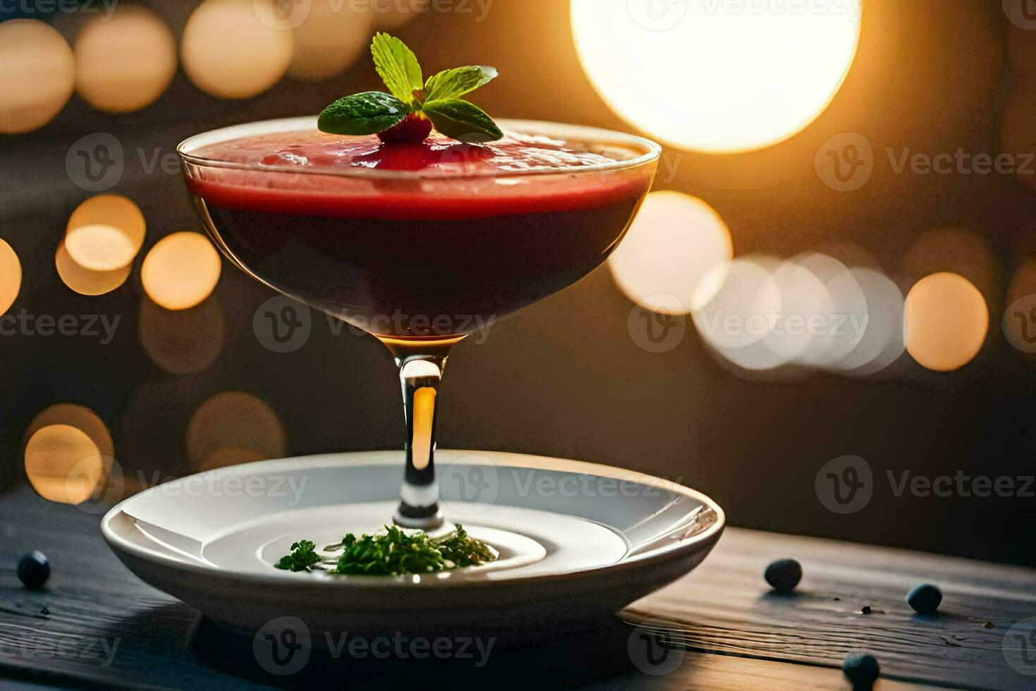 a red drink with berries and mint on a plate. AI-Generated photo