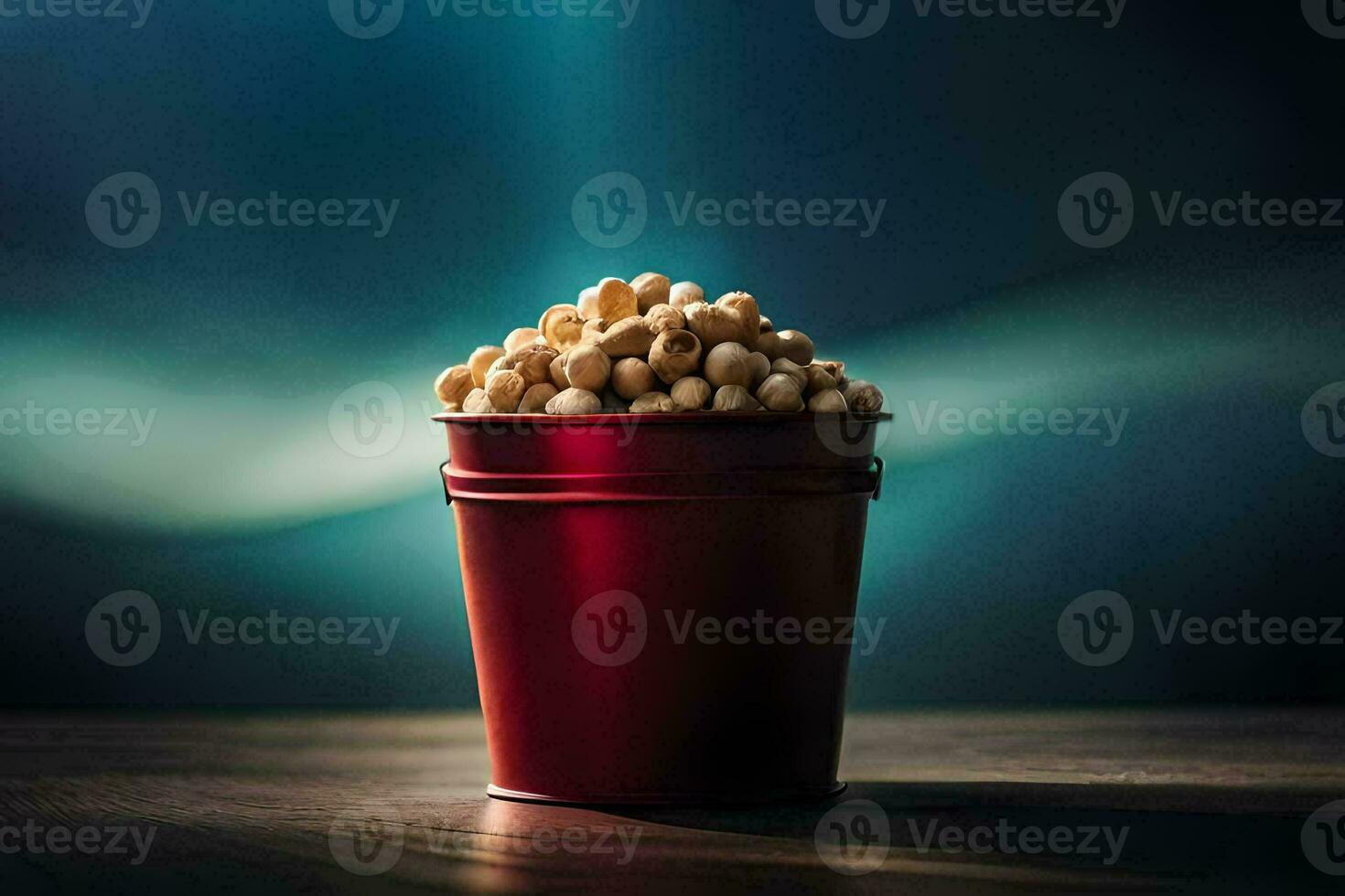 a bucket filled with peanuts on a table. AI-Generated photo