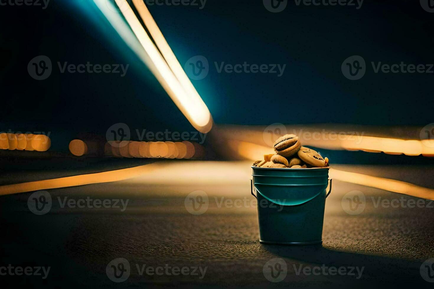 a bucket of nuts on the road at night. AI-Generated photo