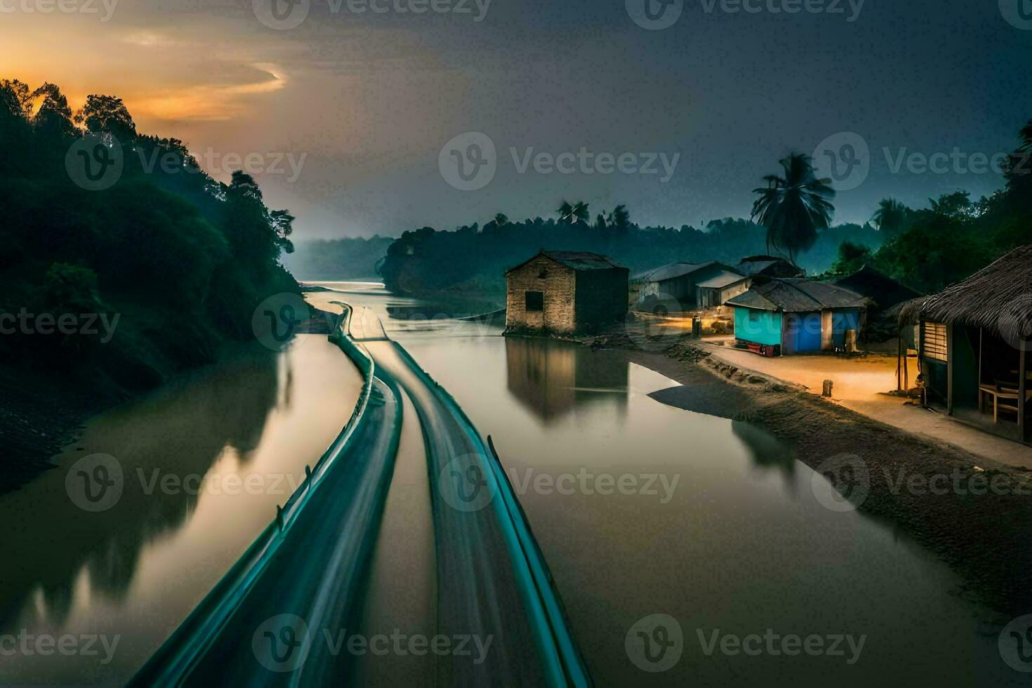 a river runs through a village at sunset. AI-Generated photo