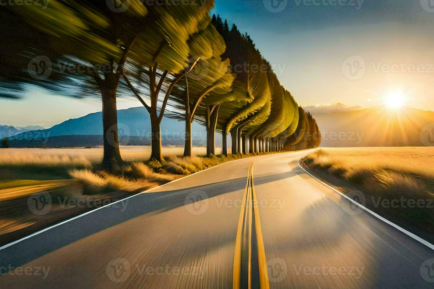 a long road with trees in the distance. AI-Generated photo