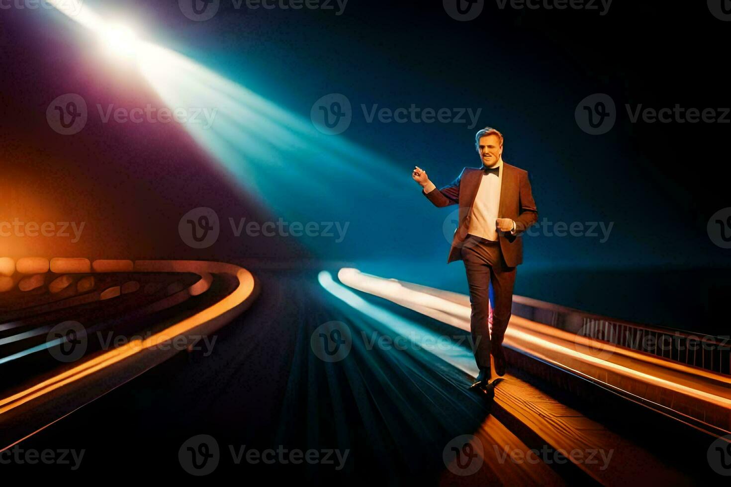 un hombre en un traje es caminando en un tren pista. generado por ai foto