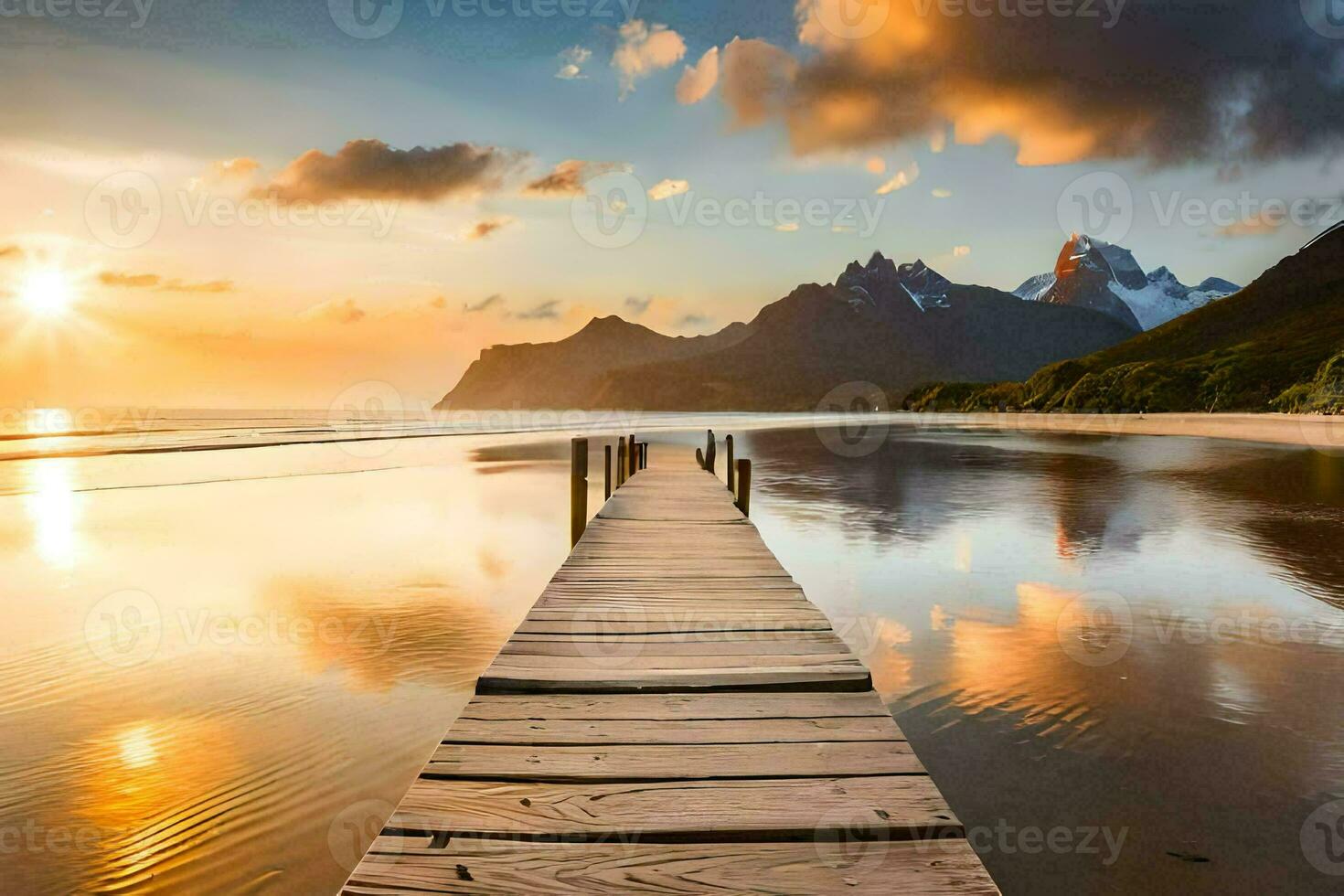 the boardwalk on the beach at sunset. AI-Generated photo