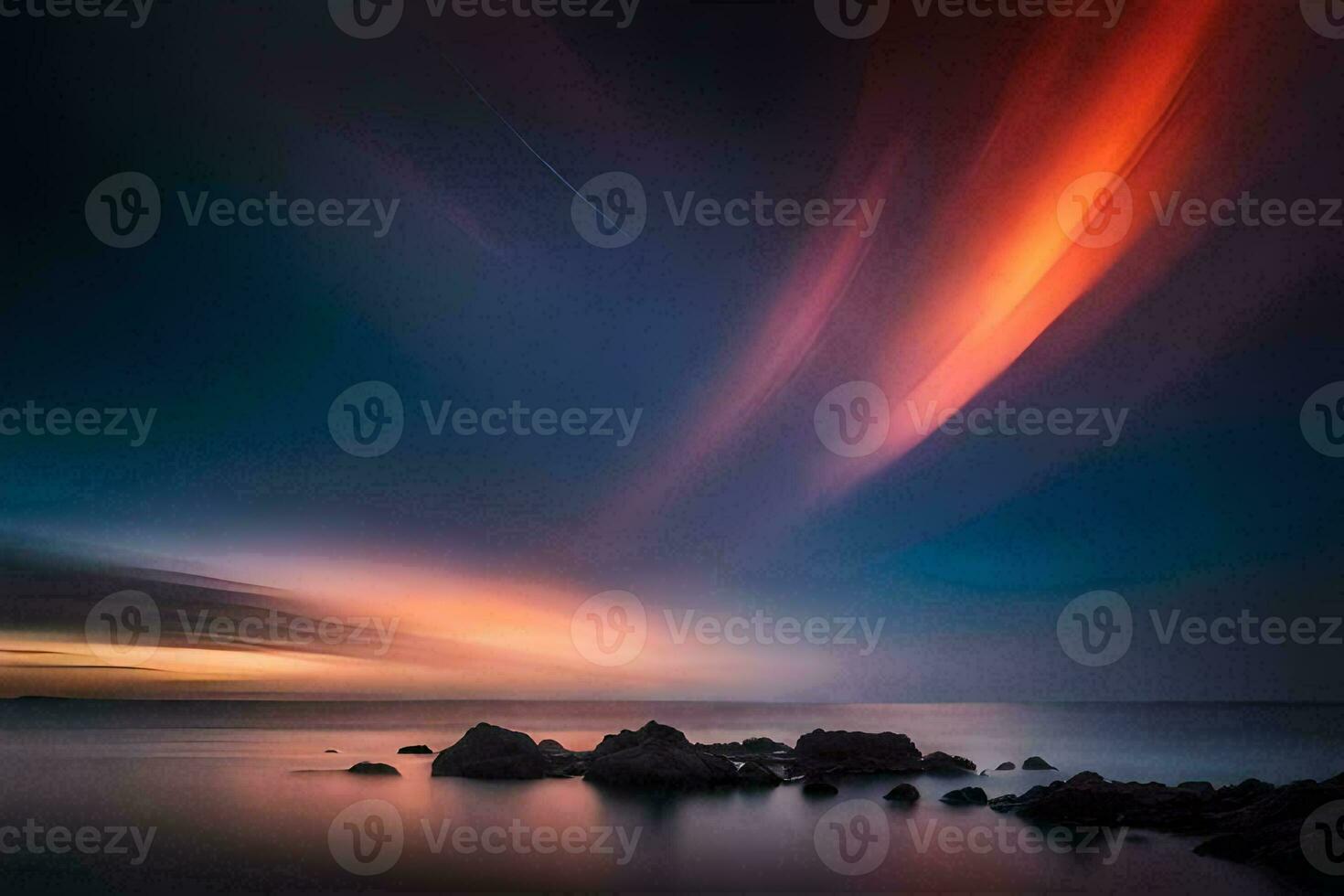 a long exposure photograph of a colorful sky and ocean. AI-Generated photo
